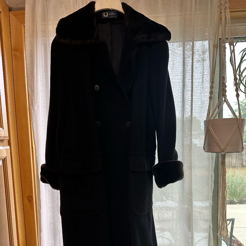 Black Wool Pea Coat with Fur Trim